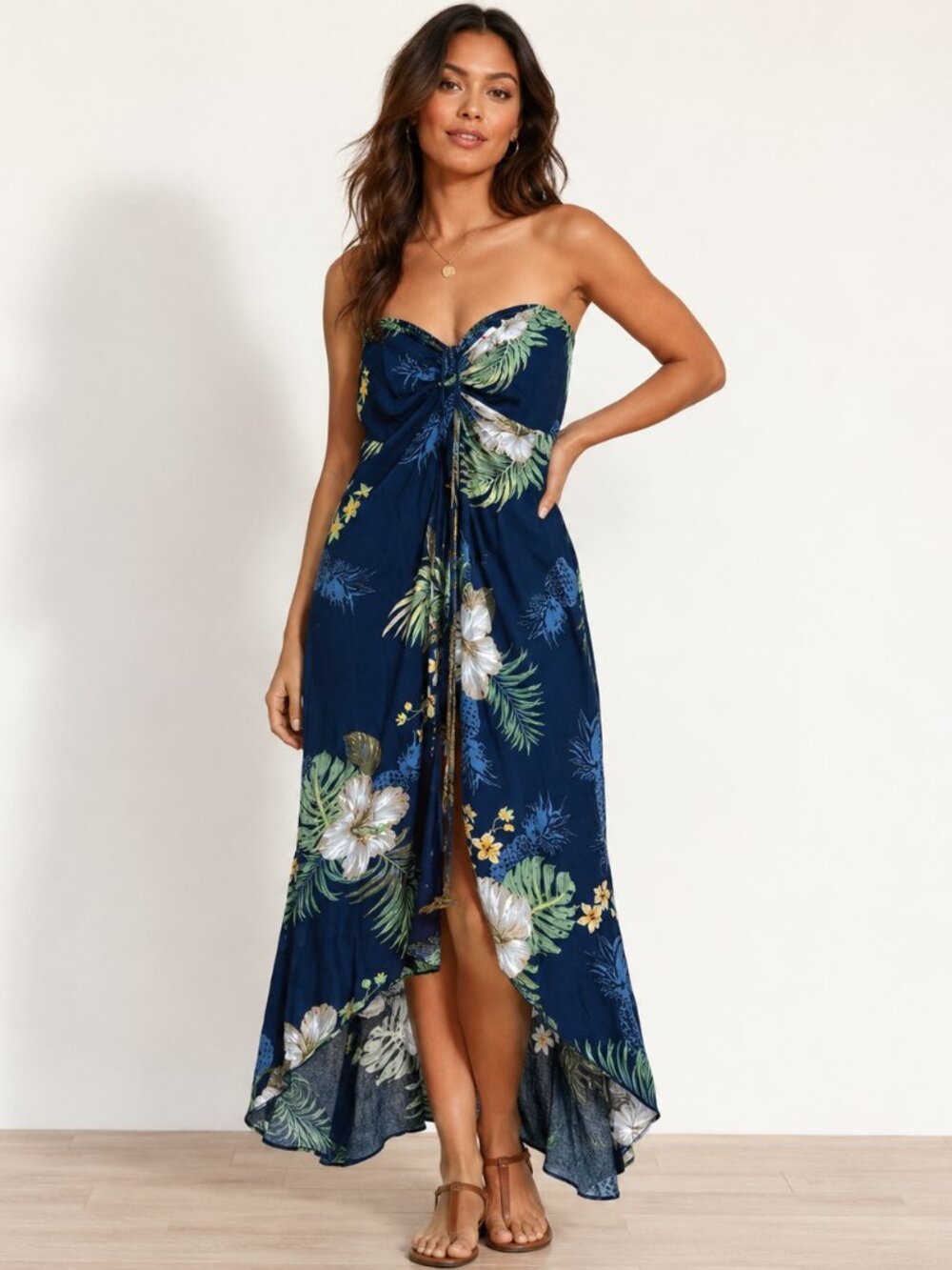 Hawaii Hangover String Halter Dress Size Small Blue Floral Rayon Hi-Lo Hem New